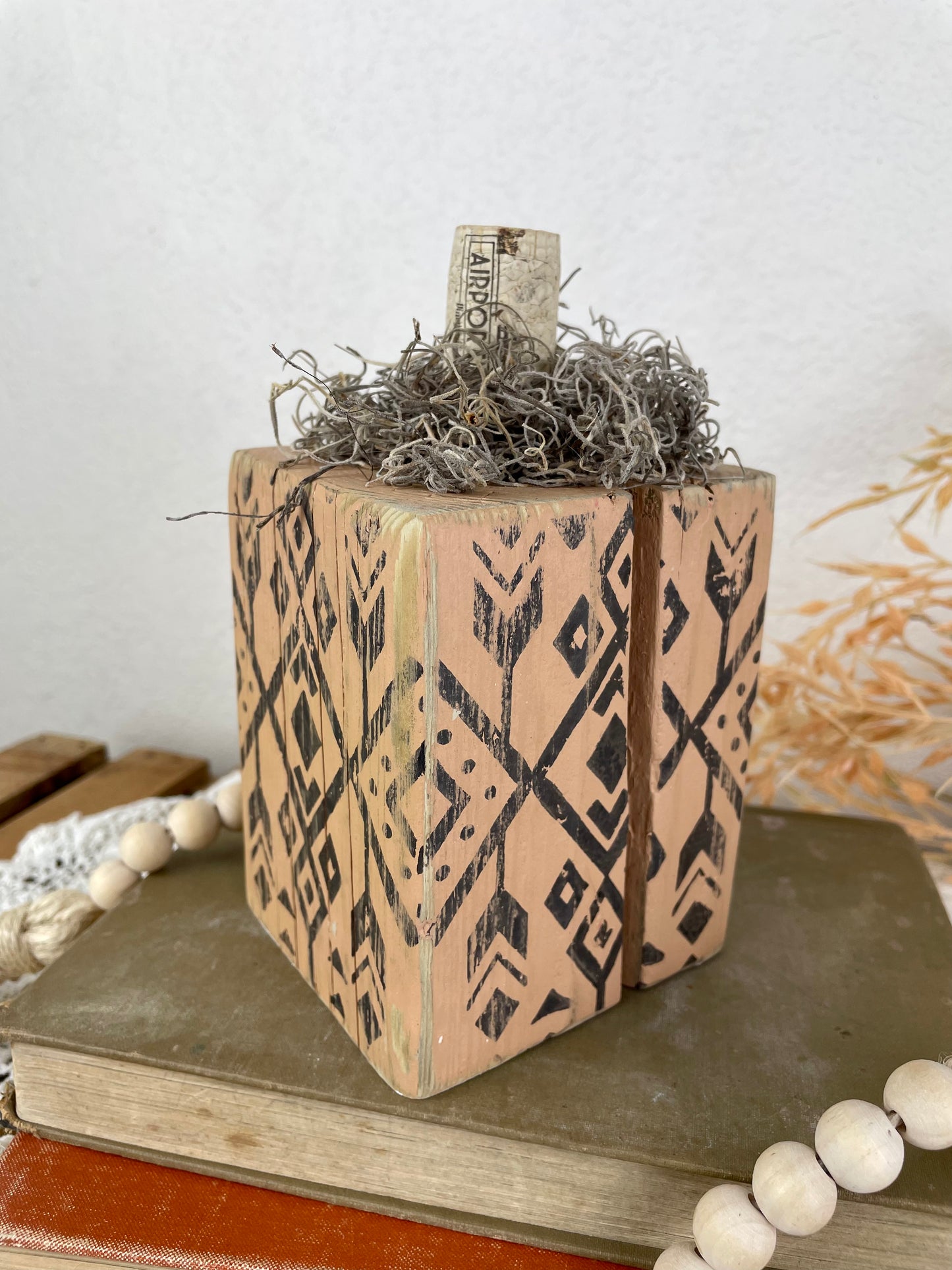 Handmade Reclaimed Wood Light Orange Block Pumpkin with Stamped Tribal Details