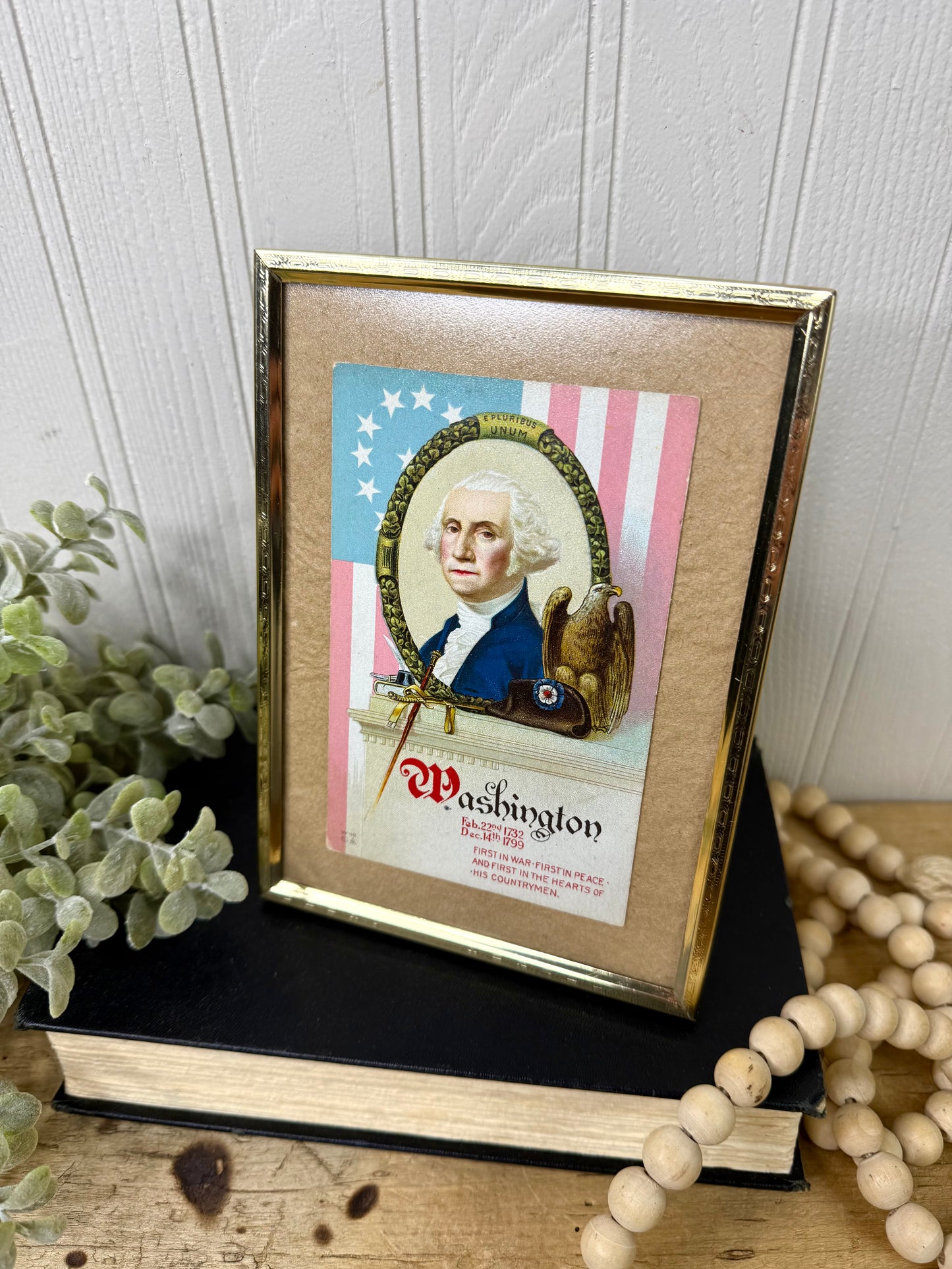 Antique George Washington Patriotic Embossed Postcard in Brass Frame