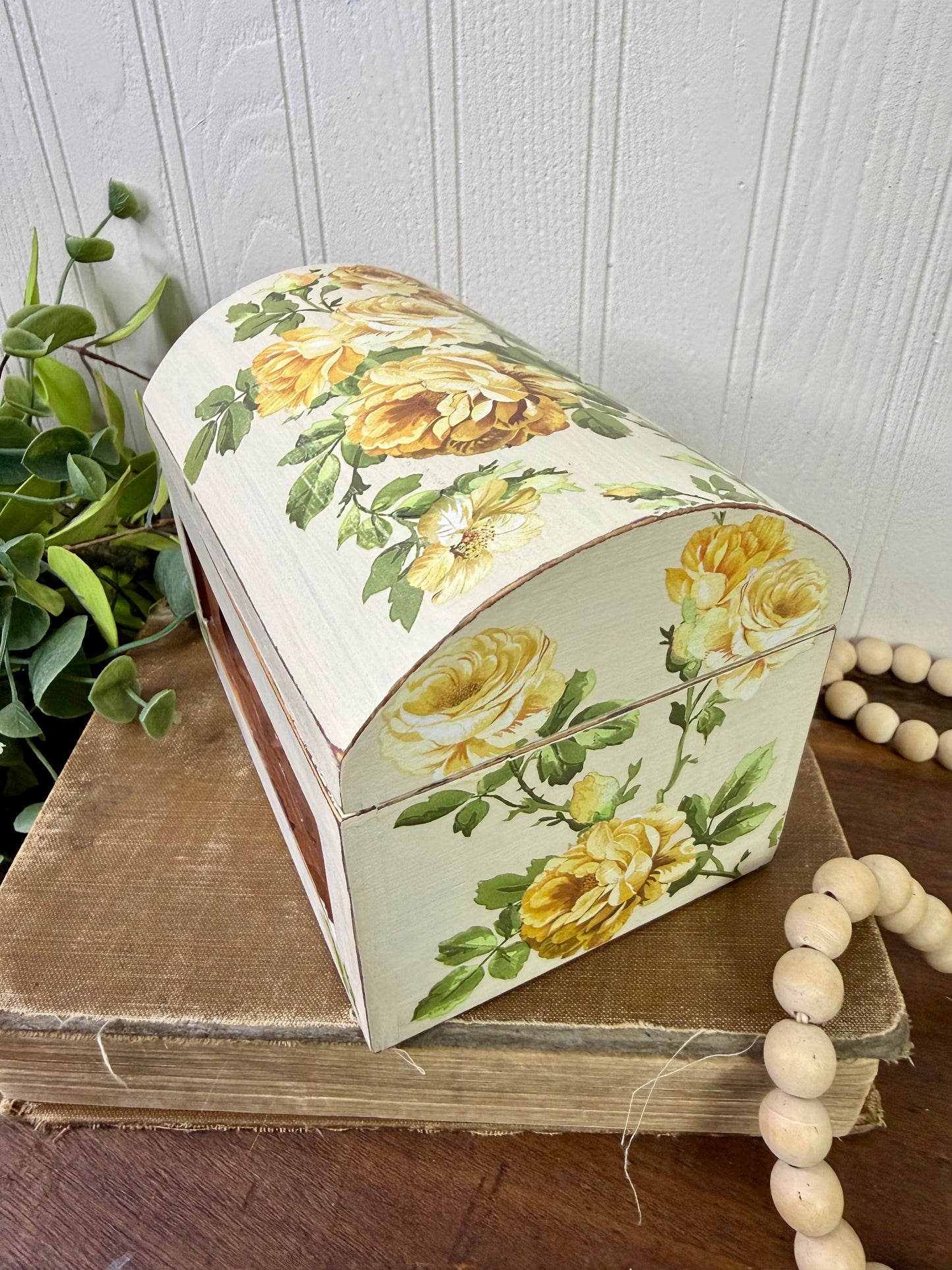 Upcycled Beige Rustic Trinket Box with Yellow Roses