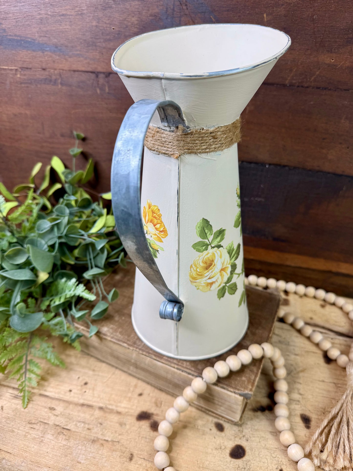 Upcycled Metal Pitcher with Yellow Roses