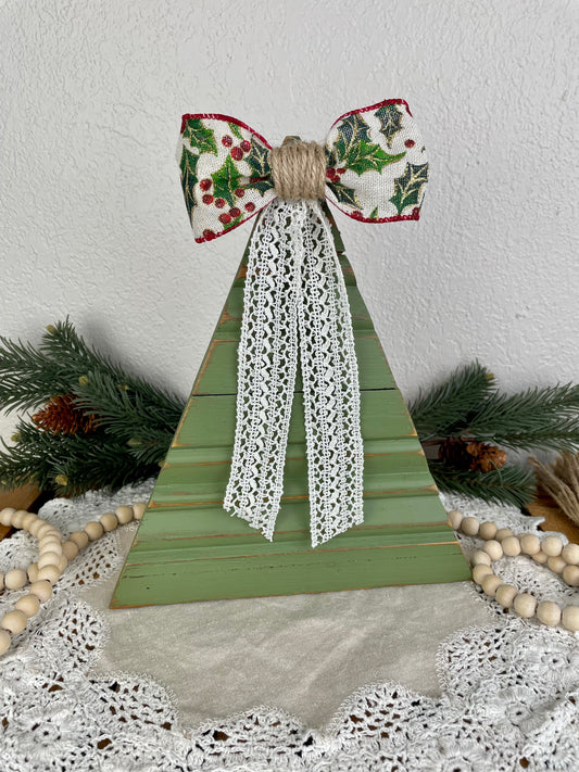 Upcycled Vintage Trim Olive Green Large Christmas Tree with Handmade Bow & Vintage Lace