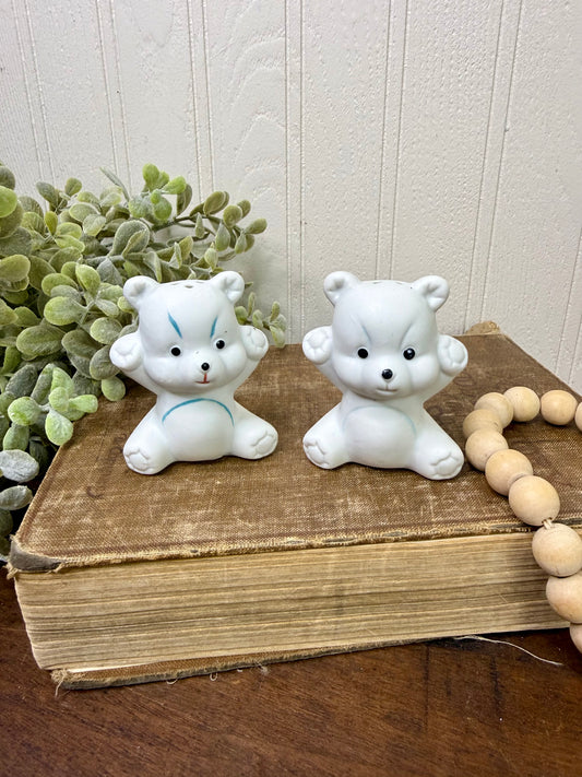 Vintage Porcelain Grumpy Bear Cubs Salt & Pepper Shaker Set