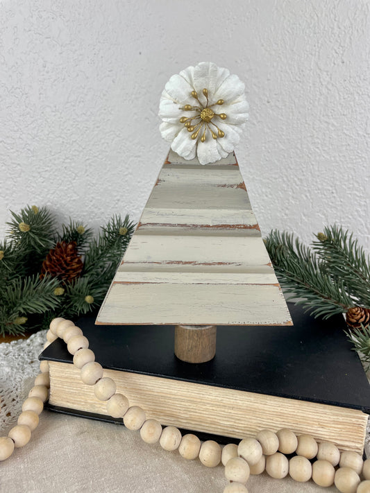 Upcycled Small Vintage Trim Beige Christmas Tree with White Flower