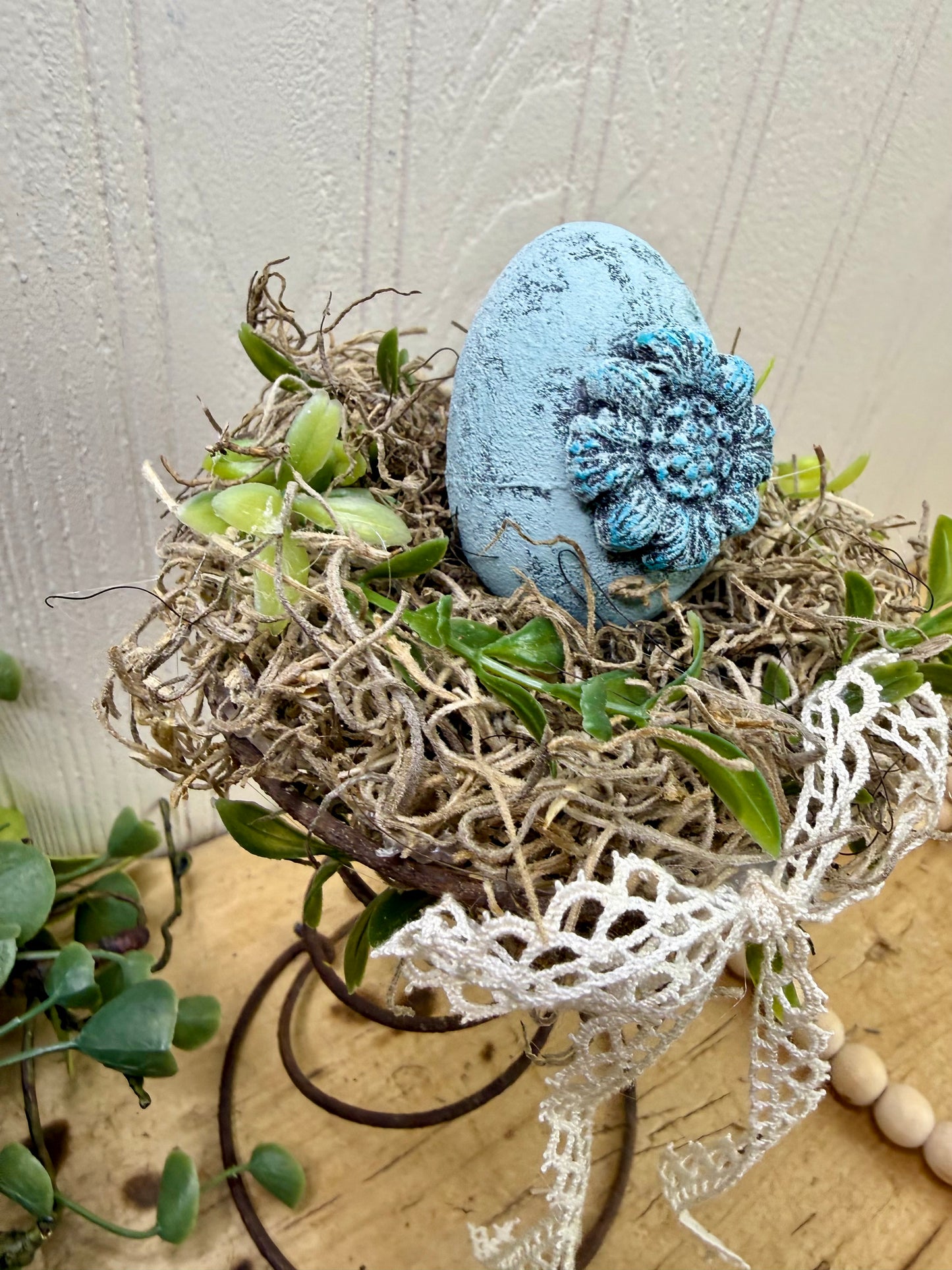 Handmade Rustic Bed Spring Nest with Baby Blue Egg
