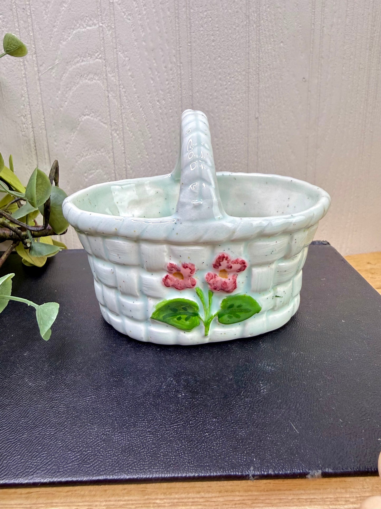 Vintage Handmade Ceramic Basket Figurine