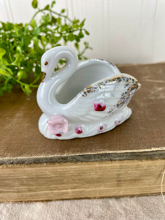 Vintage Porcelain Swan Toothpick Holder with Pink Flowers