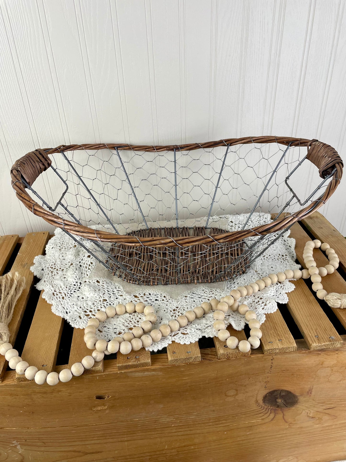 Vintage Chicken Wire & Wicker Storage Basket