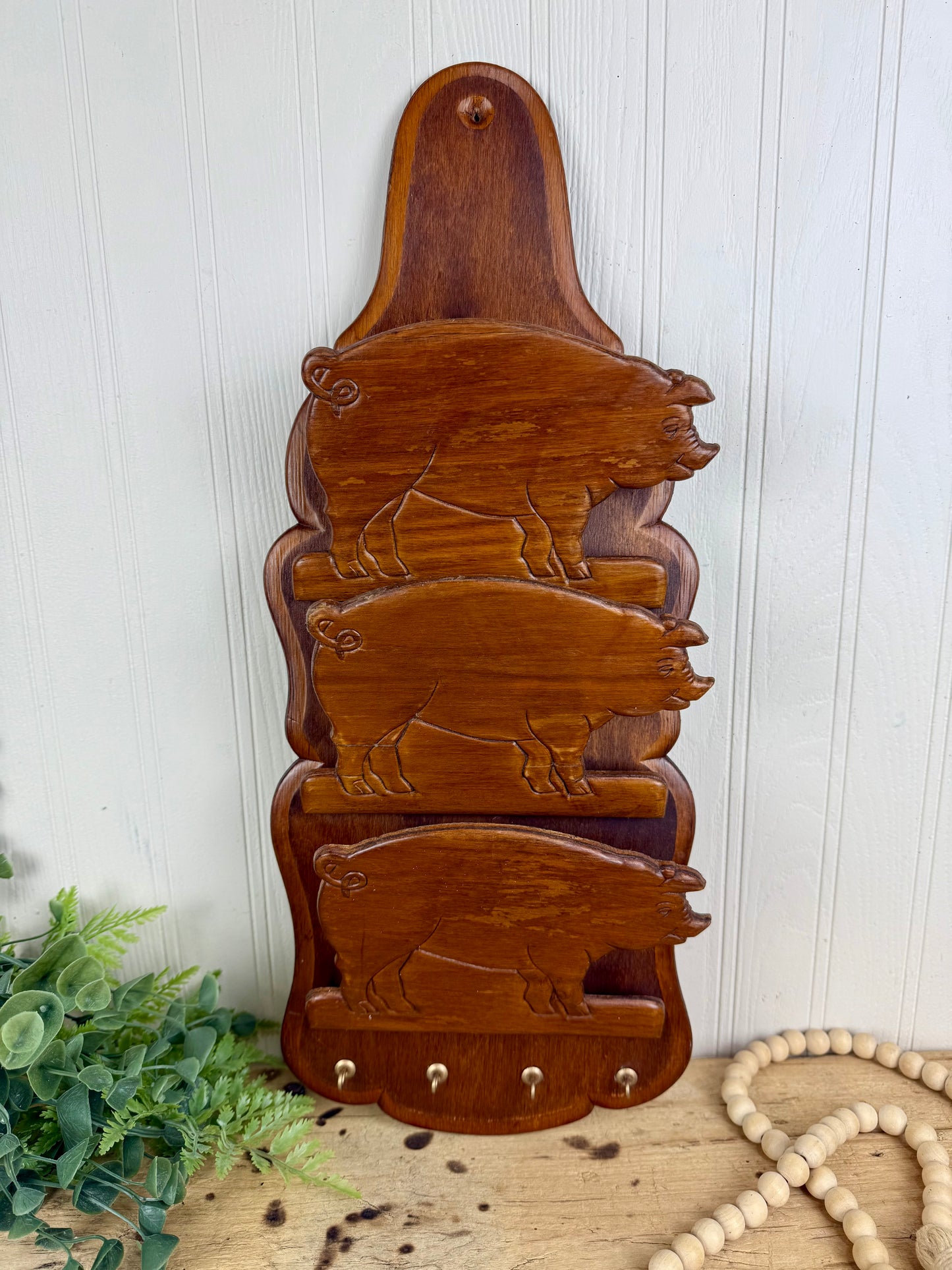 Vintage Farmhouse Wooden Pig Letter Organizer