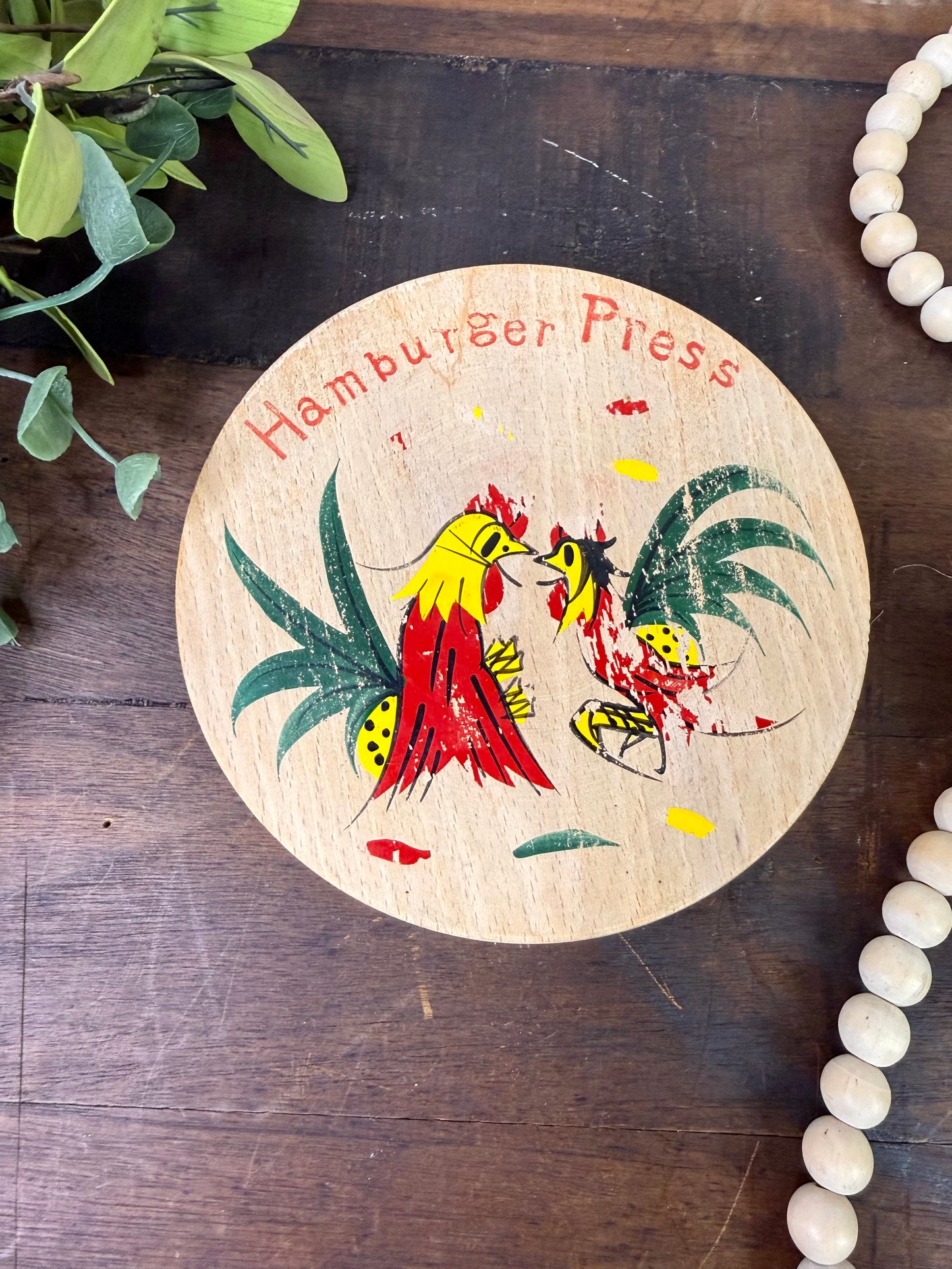 Vintage Wooden Hamburger Press with Roosters