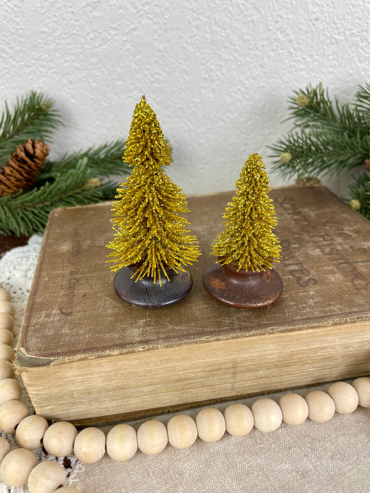 Gold Bottle Brush Tree Set with Wood Knob Bases