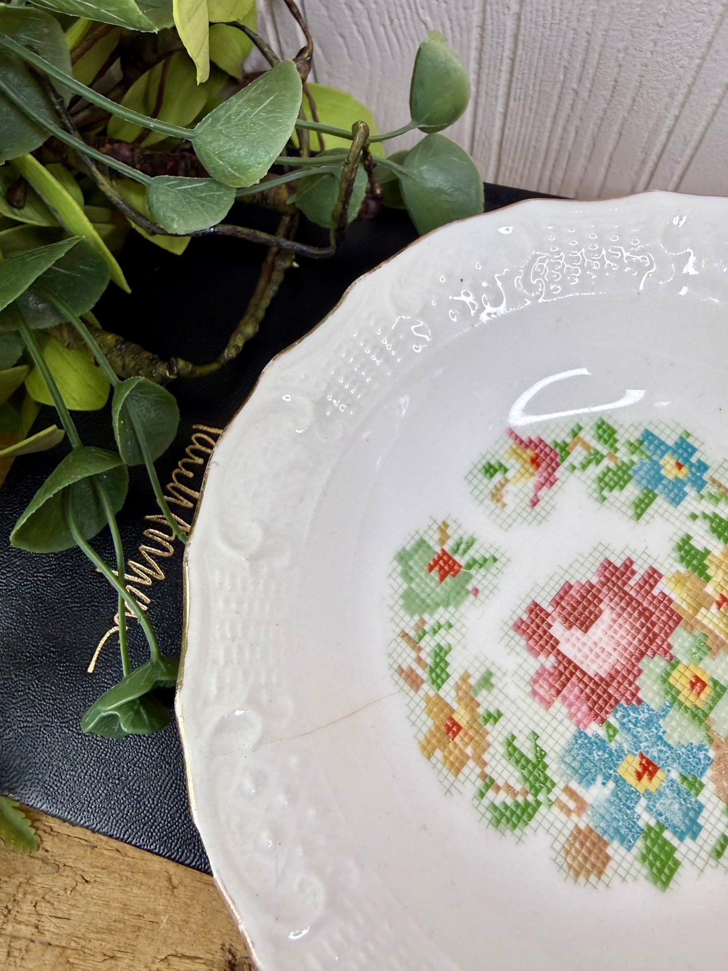 Vintage Canonsburg Pottery Cross-stitch Floral Dessert Bowl