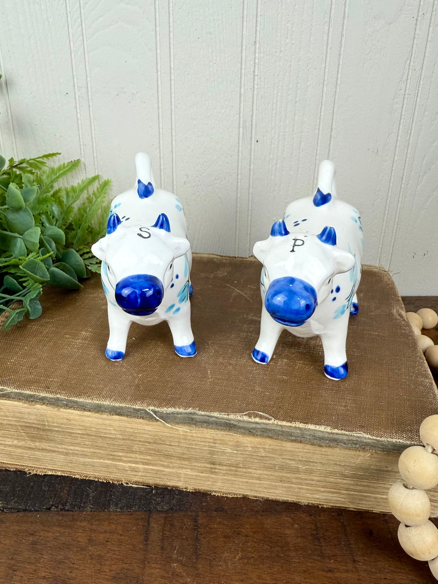Vintage Enesco Delft-Style Porcelain Cow Salt and Pepper Shakers