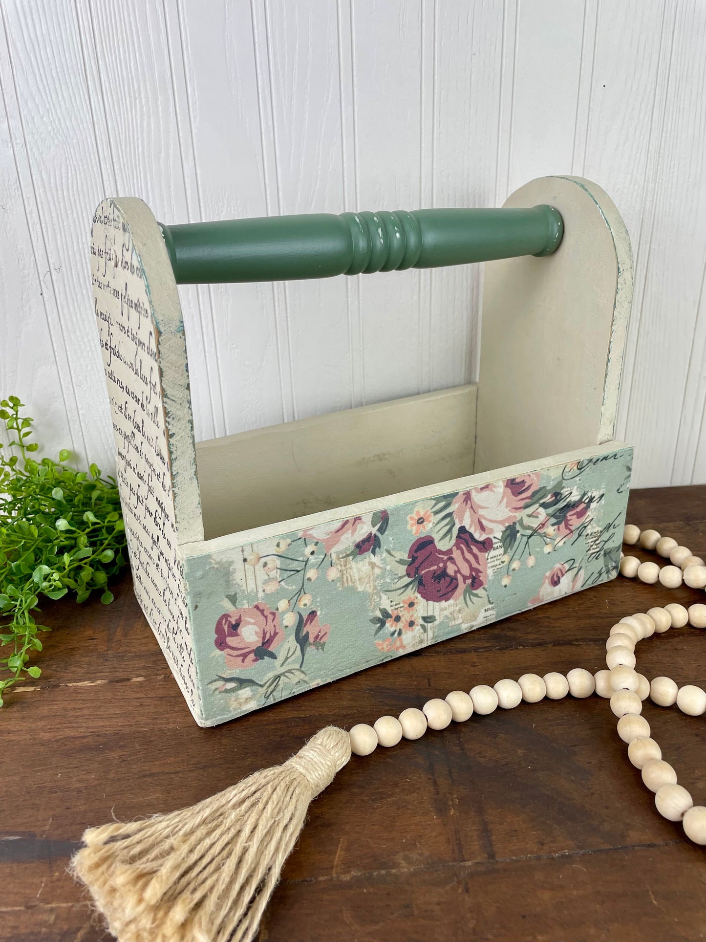 Handmade Upcycled Wooden Beige Tote with Green Handle