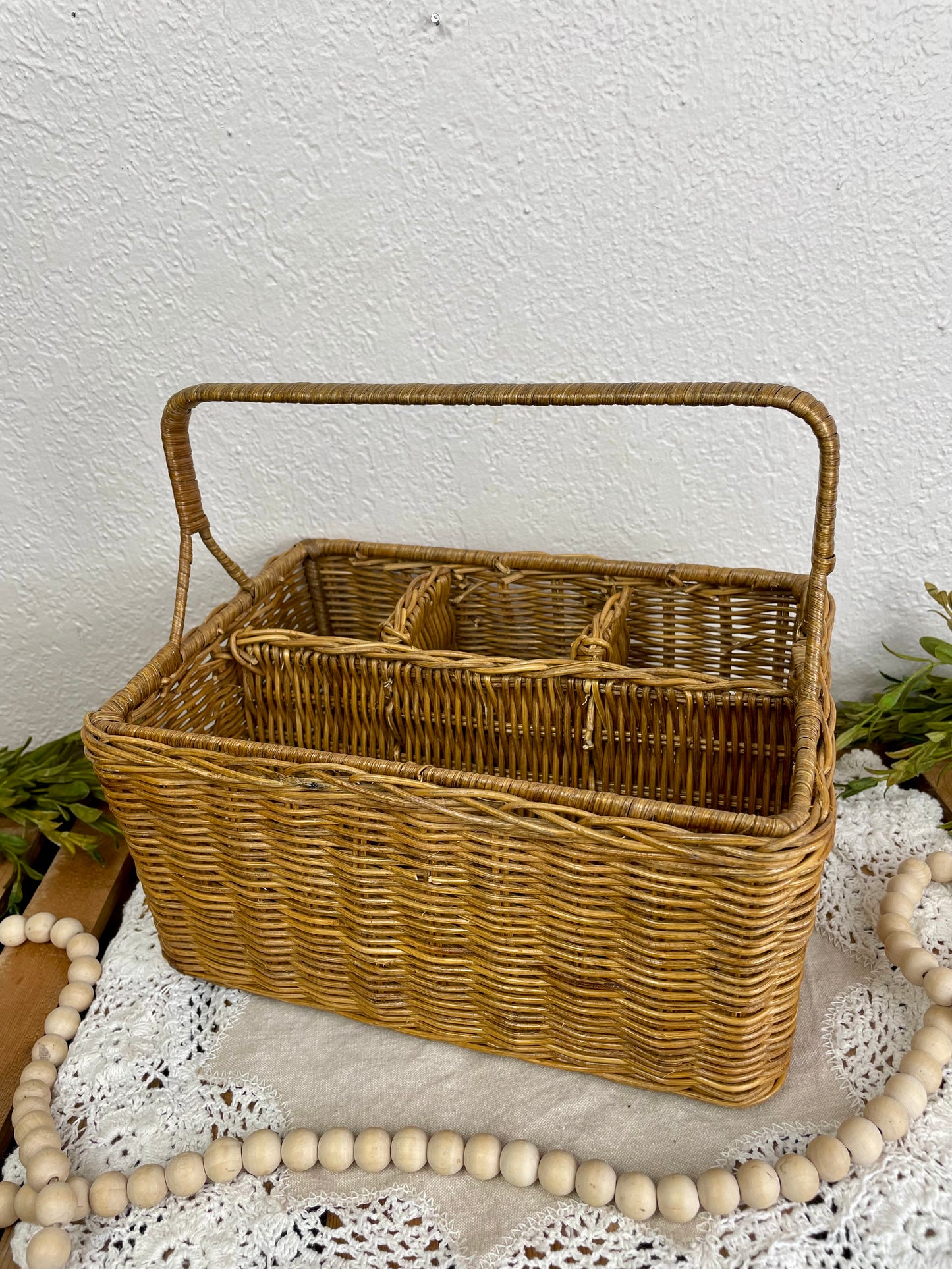 Vintage Wicker Storage Basket with Dividers