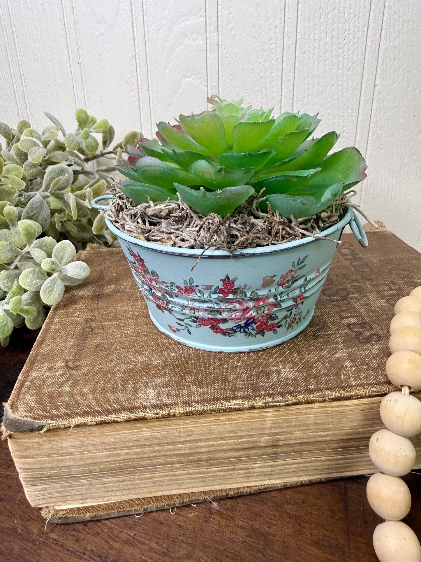 Upcycled Mini Washtub Faux Succulent Plant- Blue