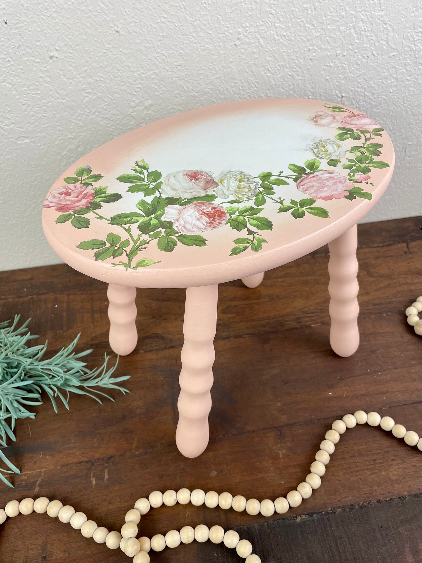 Painted Wooden Milk Stool with Floral Details