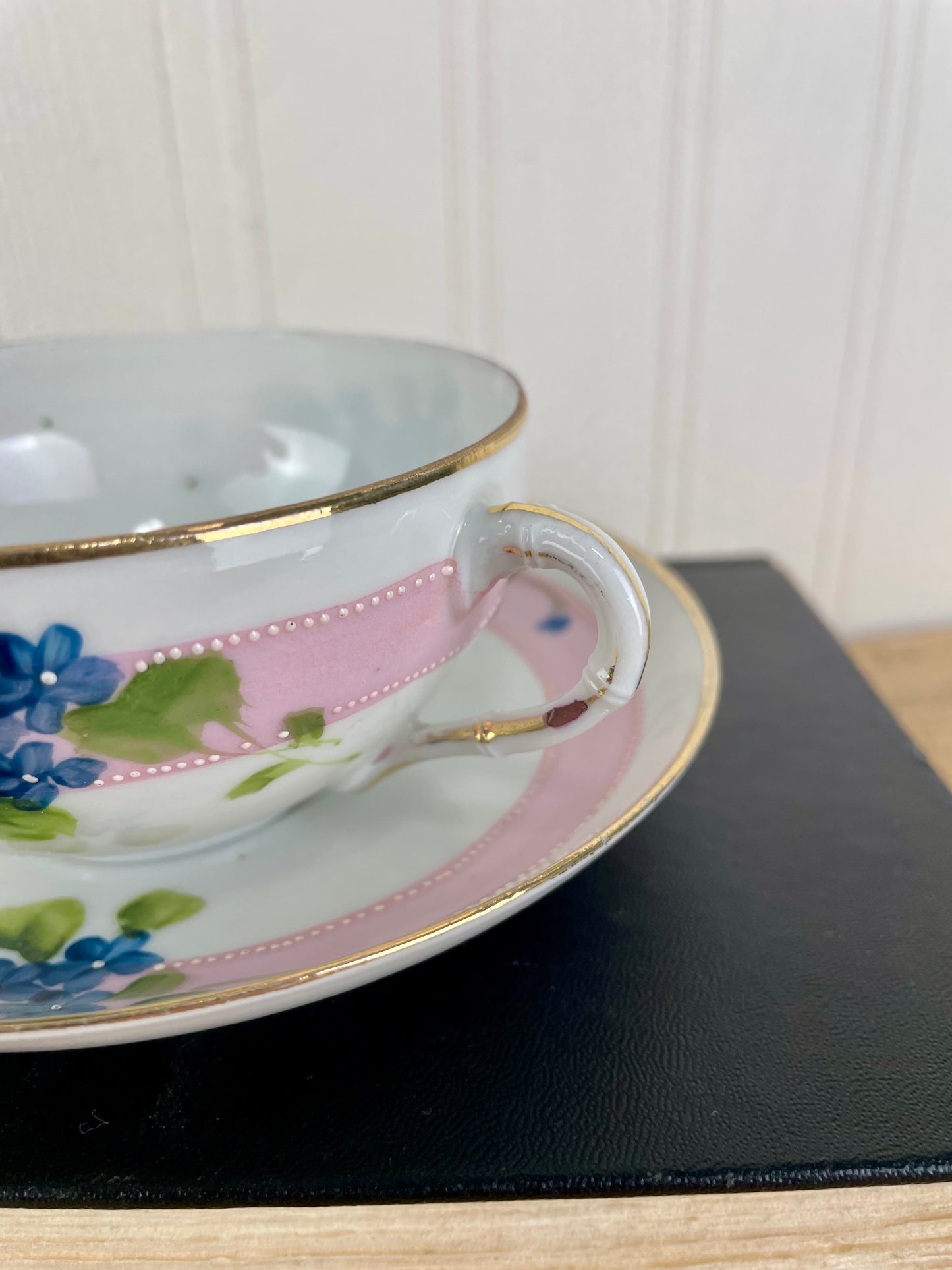 Vintage Hand Painted Blue Floral & Pink Striped Nippon Teacup & Saucer Set