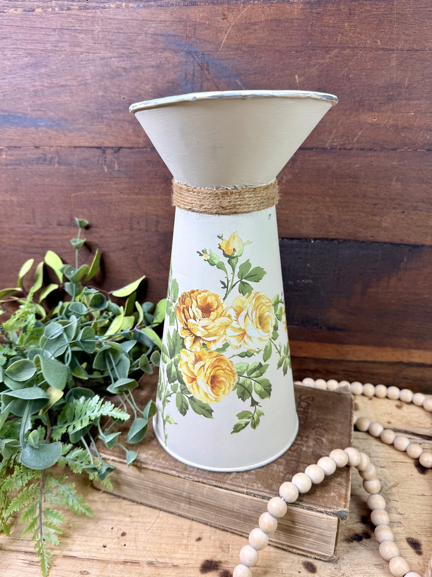 Upcycled Metal Pitcher with Yellow Roses