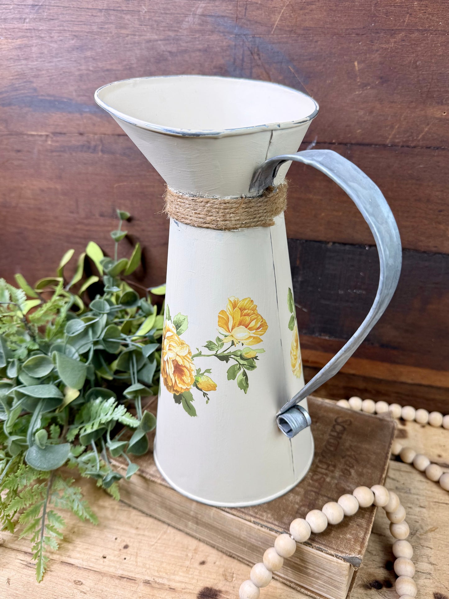 Upcycled Metal Pitcher with Yellow Roses