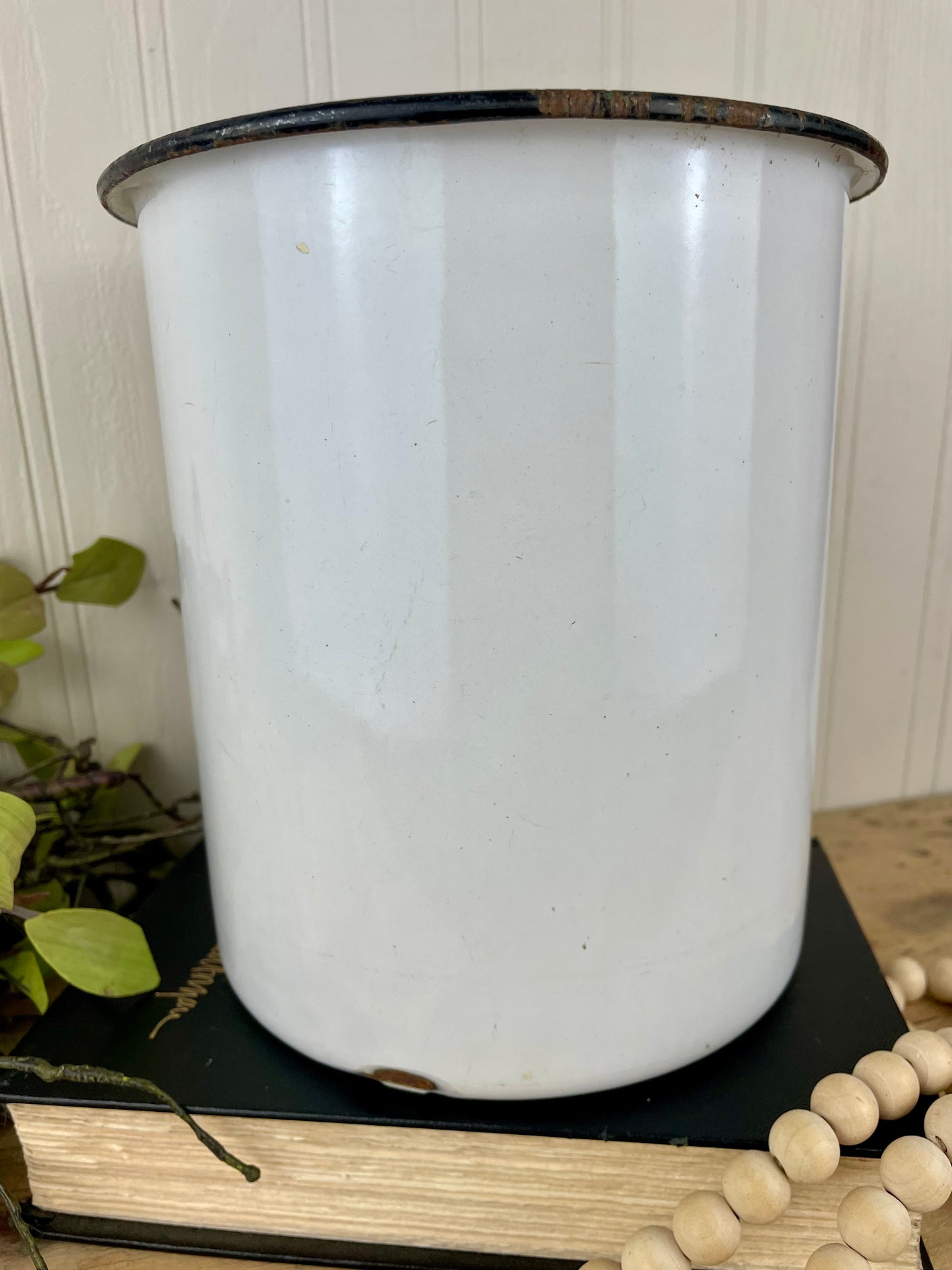 Vintage White Enamel Canister with Black Rim