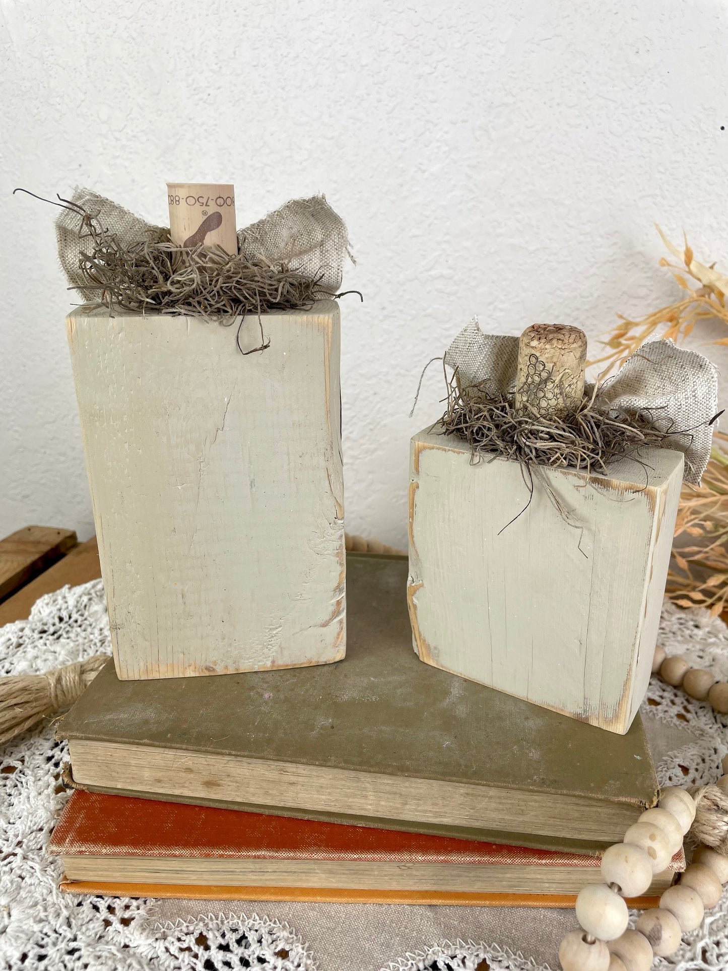 Handmade Reclaimed Wood Small Light Beige and Black Pumpkin Set