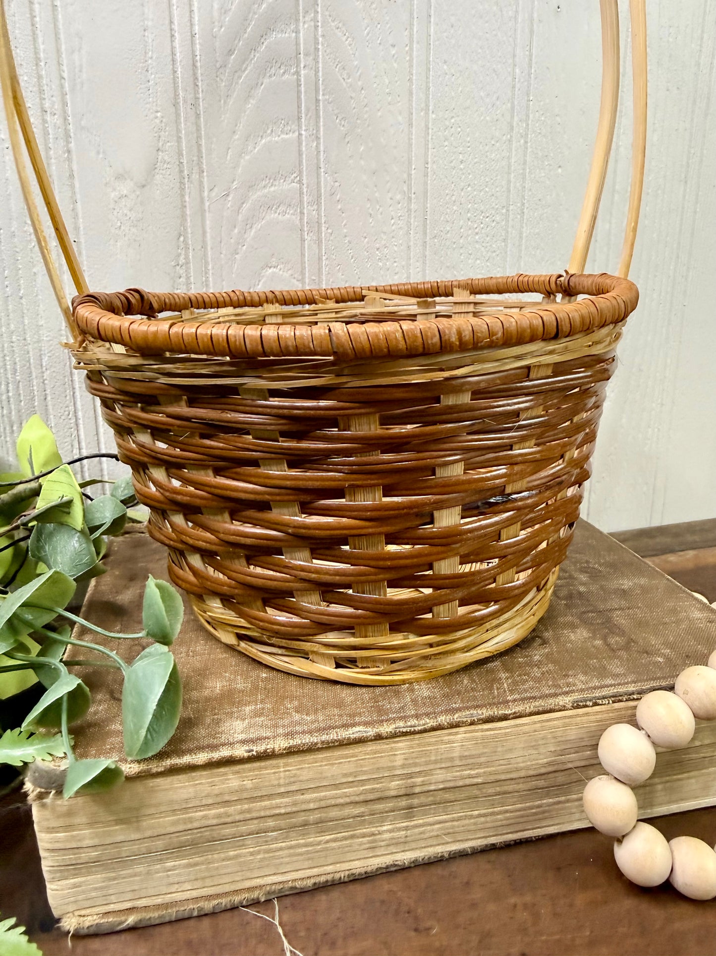 Vintage Two-Toned Wicker Basket with Handle