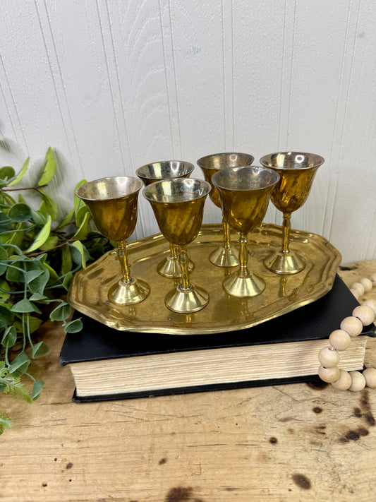 Vintage Mini Brass Barware Set with Goblets & Tray