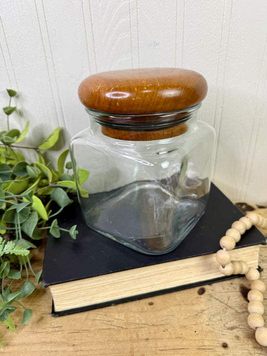 Vintage Dolphin Thailand Glass Canister with Teak Wood Lid