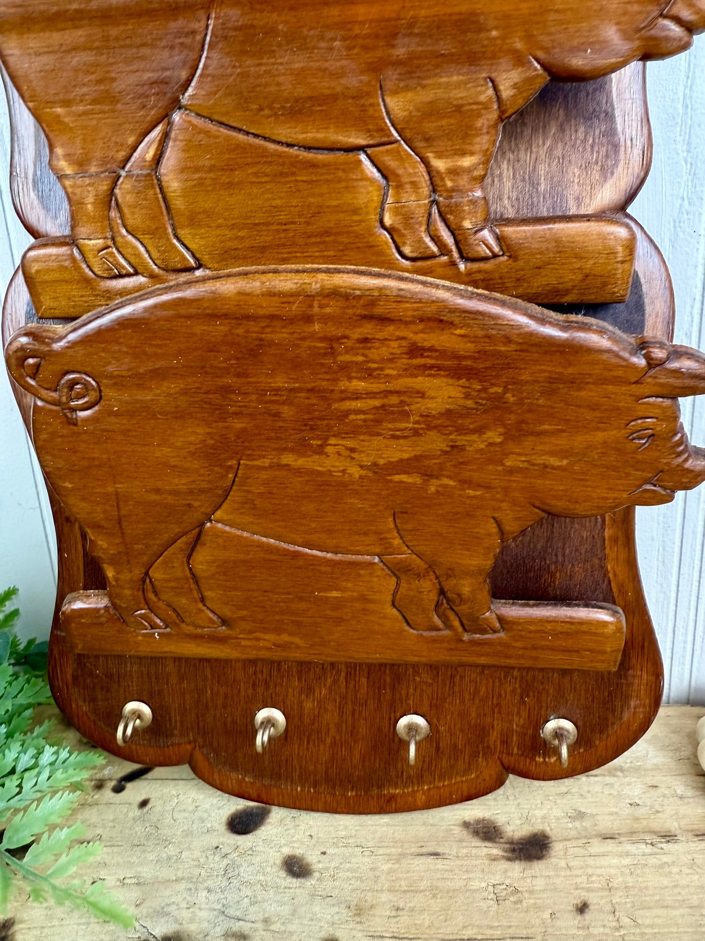 Vintage Farmhouse Wooden Pig Letter Organizer
