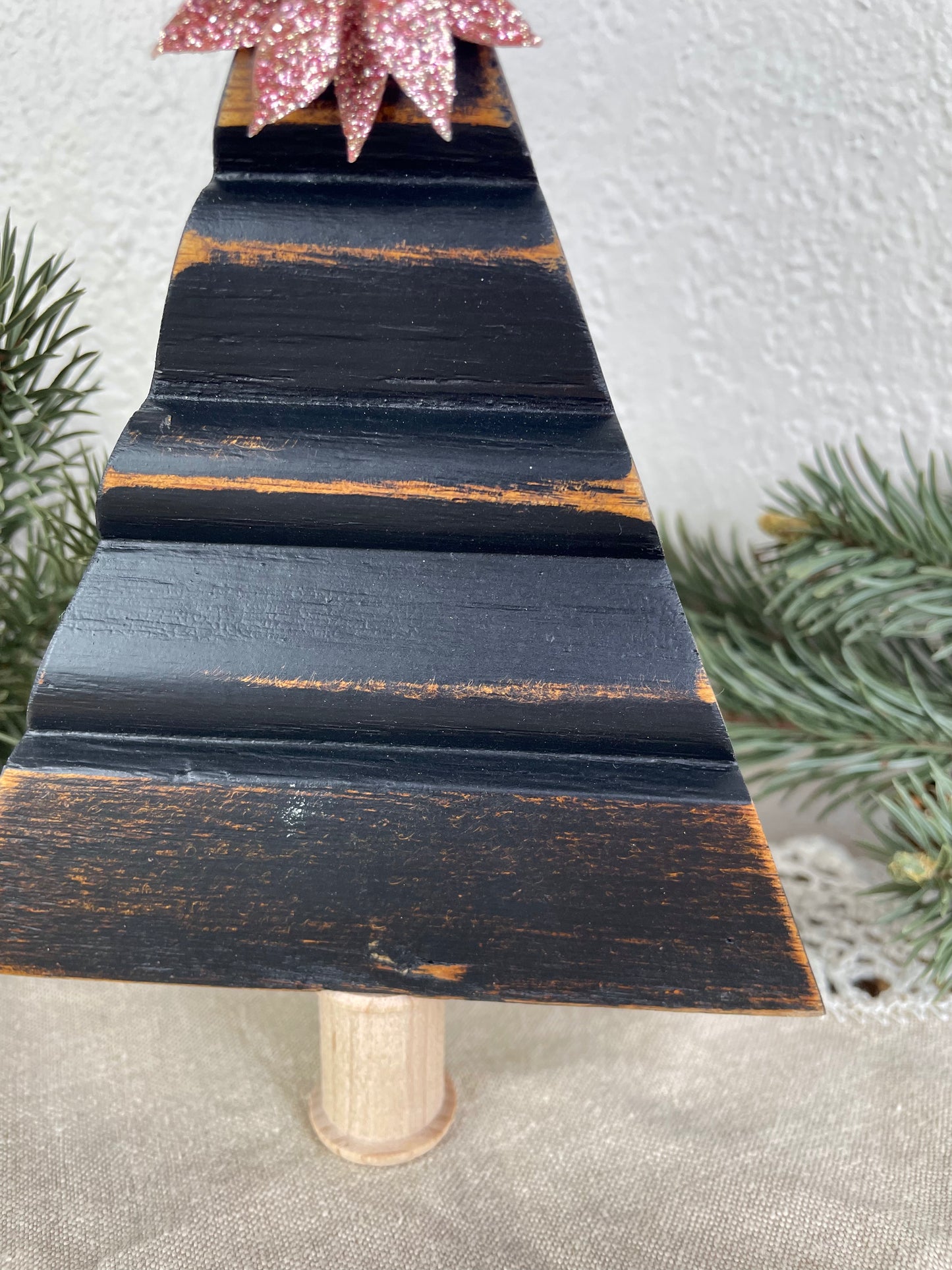 Upcycled Small Vintage Trim Black Christmas Tree with Pink Poinsettia