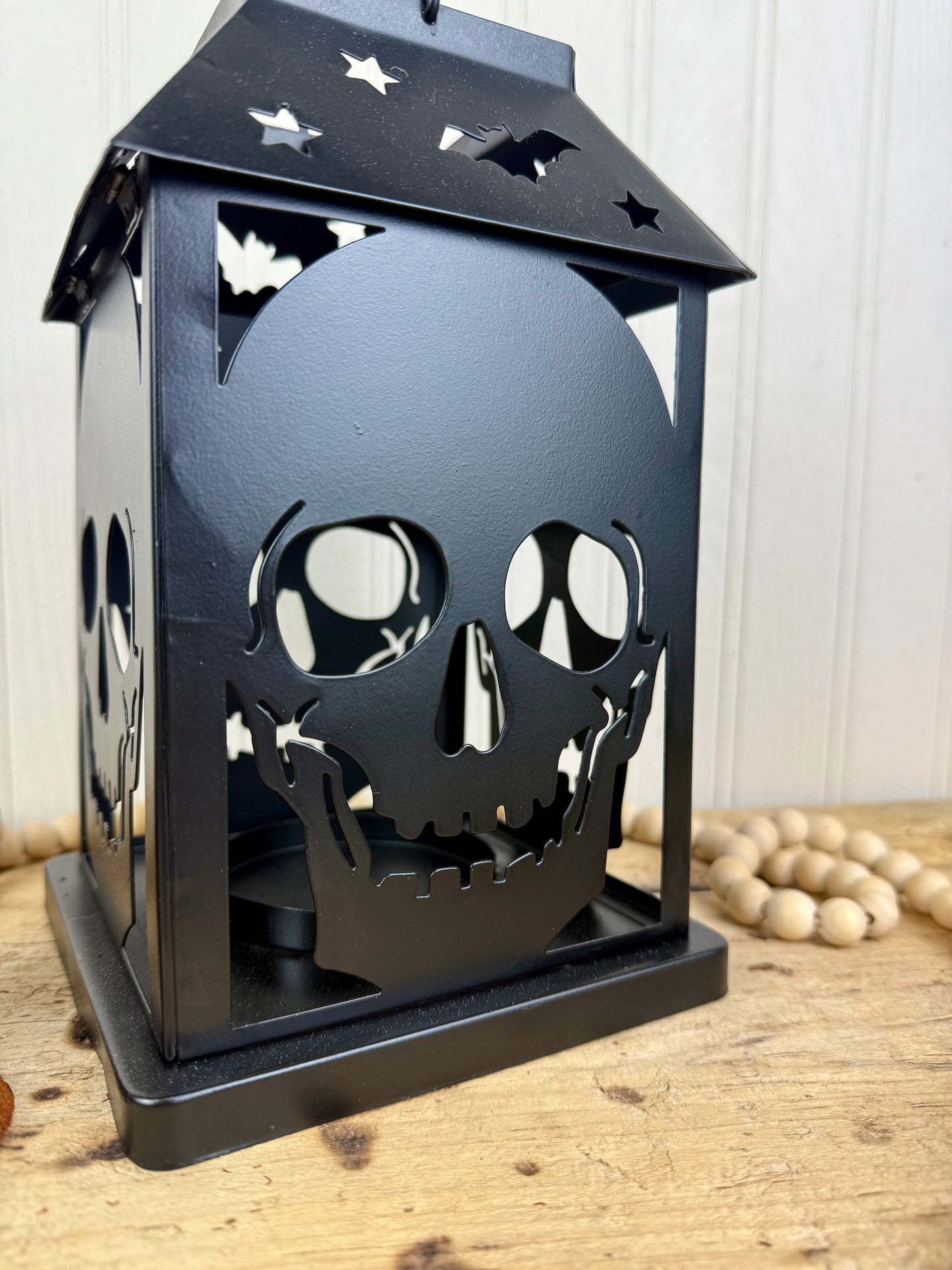 Metal Candle Lantern with Skulls and Bats