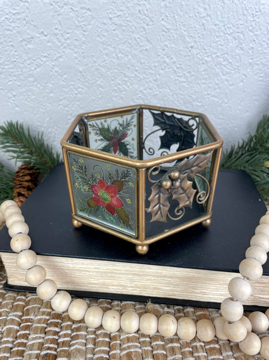 Vintage Brass & Press Flower Hexagon Candle Holder