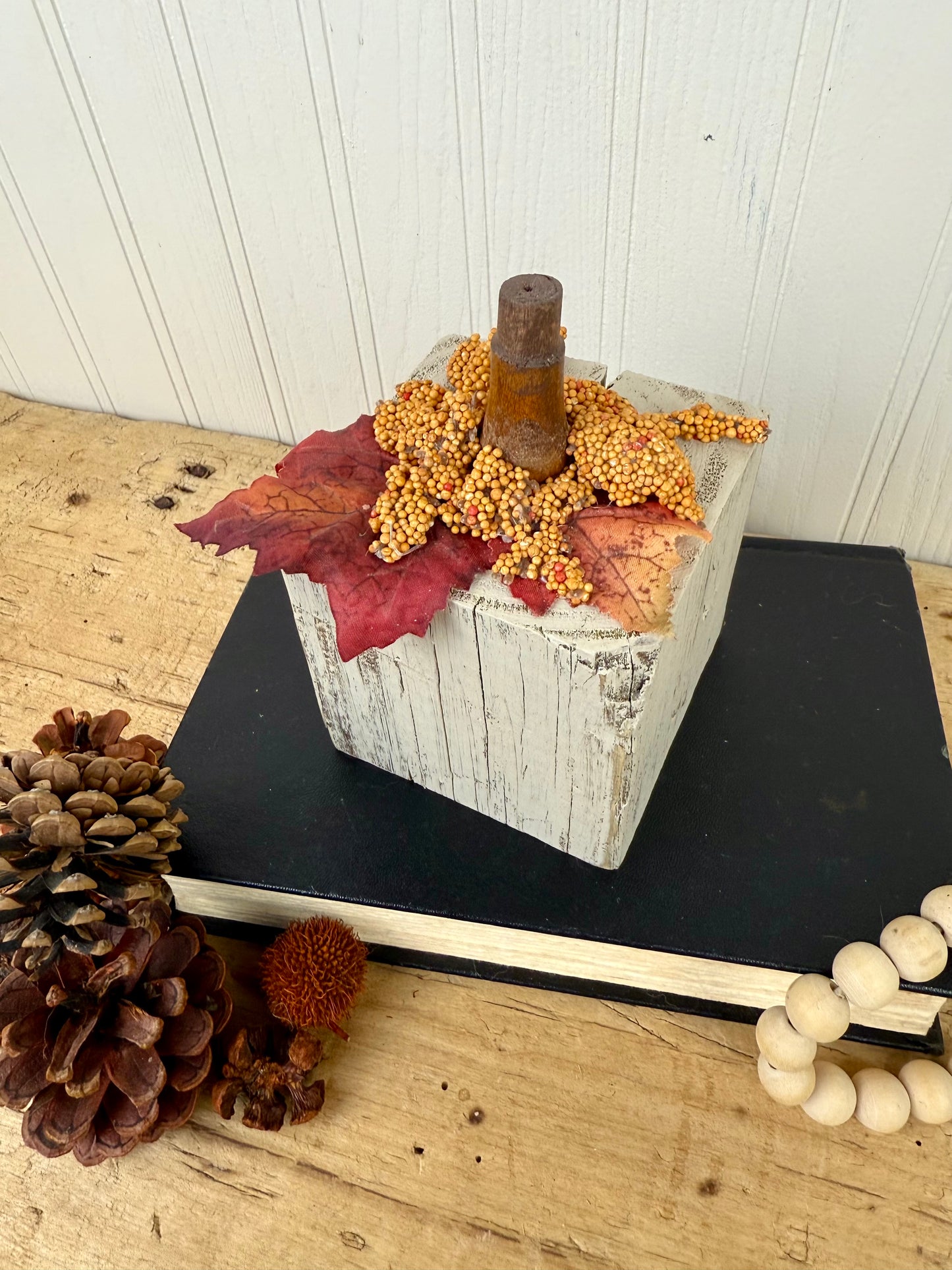 Handmade Reclaimed Wood Beige Block Pumpkin