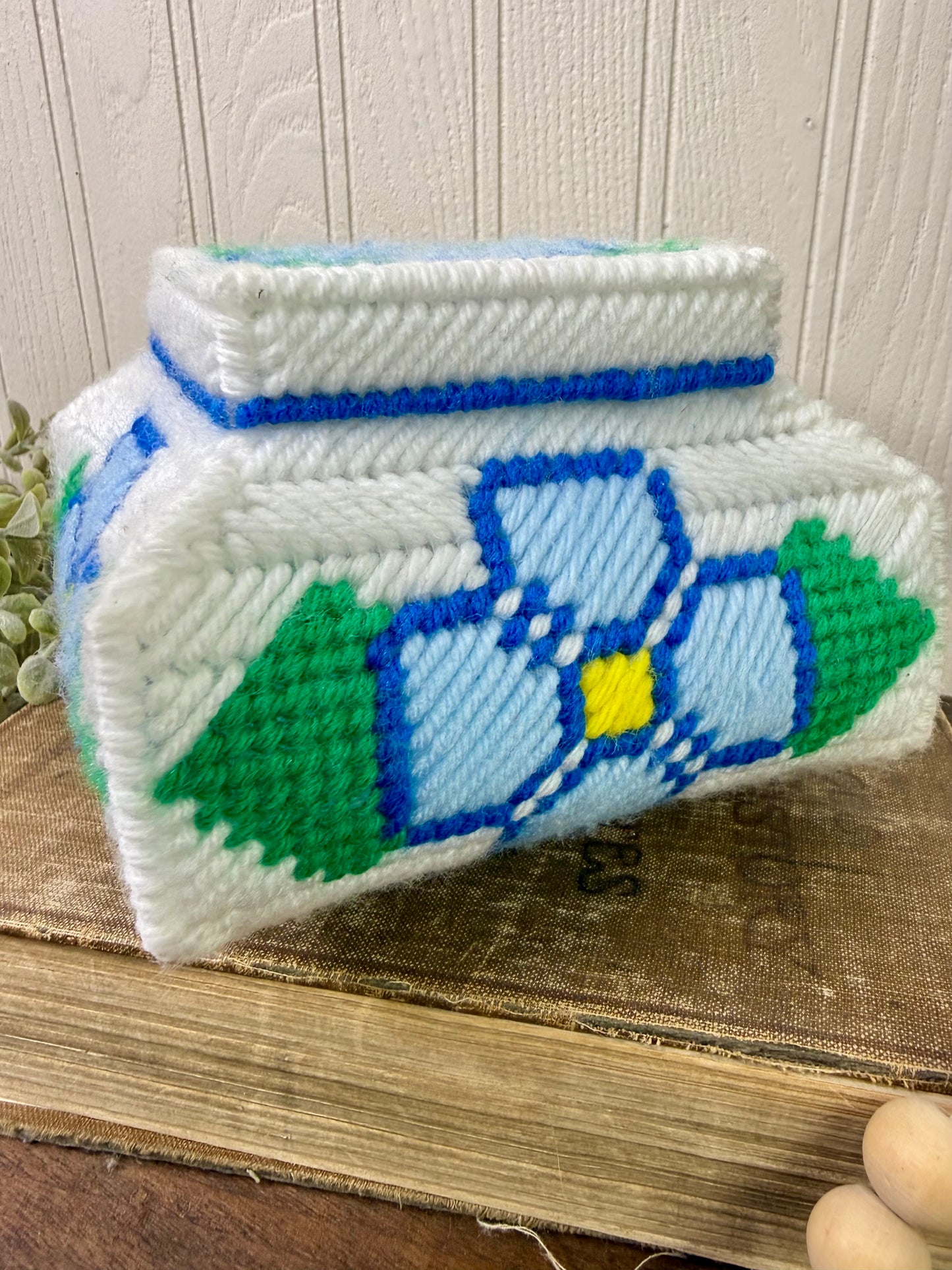 Vintage Plastic Canvas Storage Box with Blue Flowers