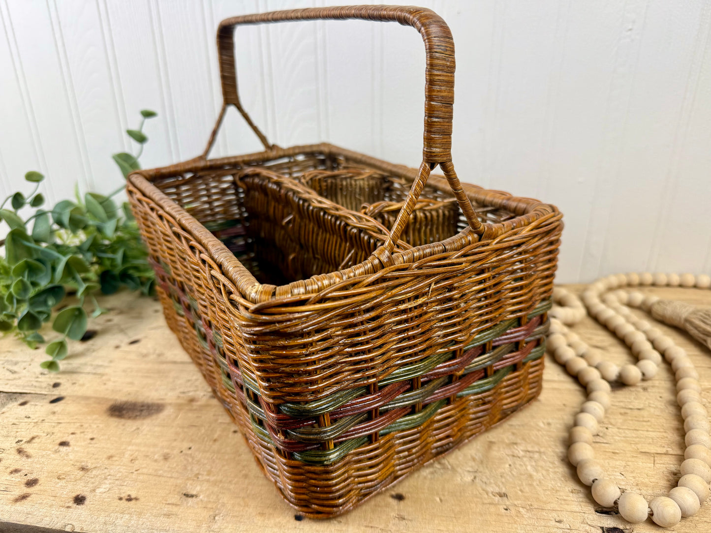 Vintage Divided Wicker Carrying Basket