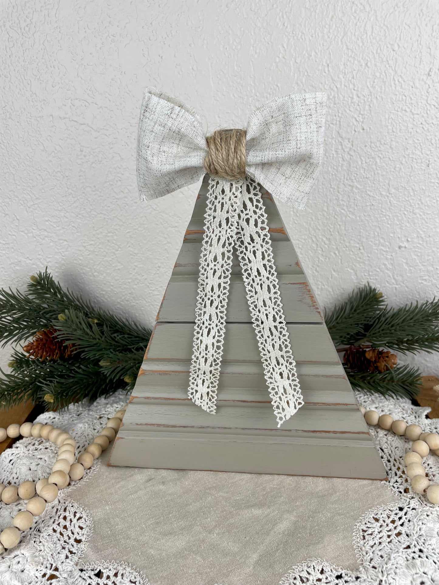Upcycled Vintage Trim Beige Large Christmas Tree with Handmade Bow & Lace