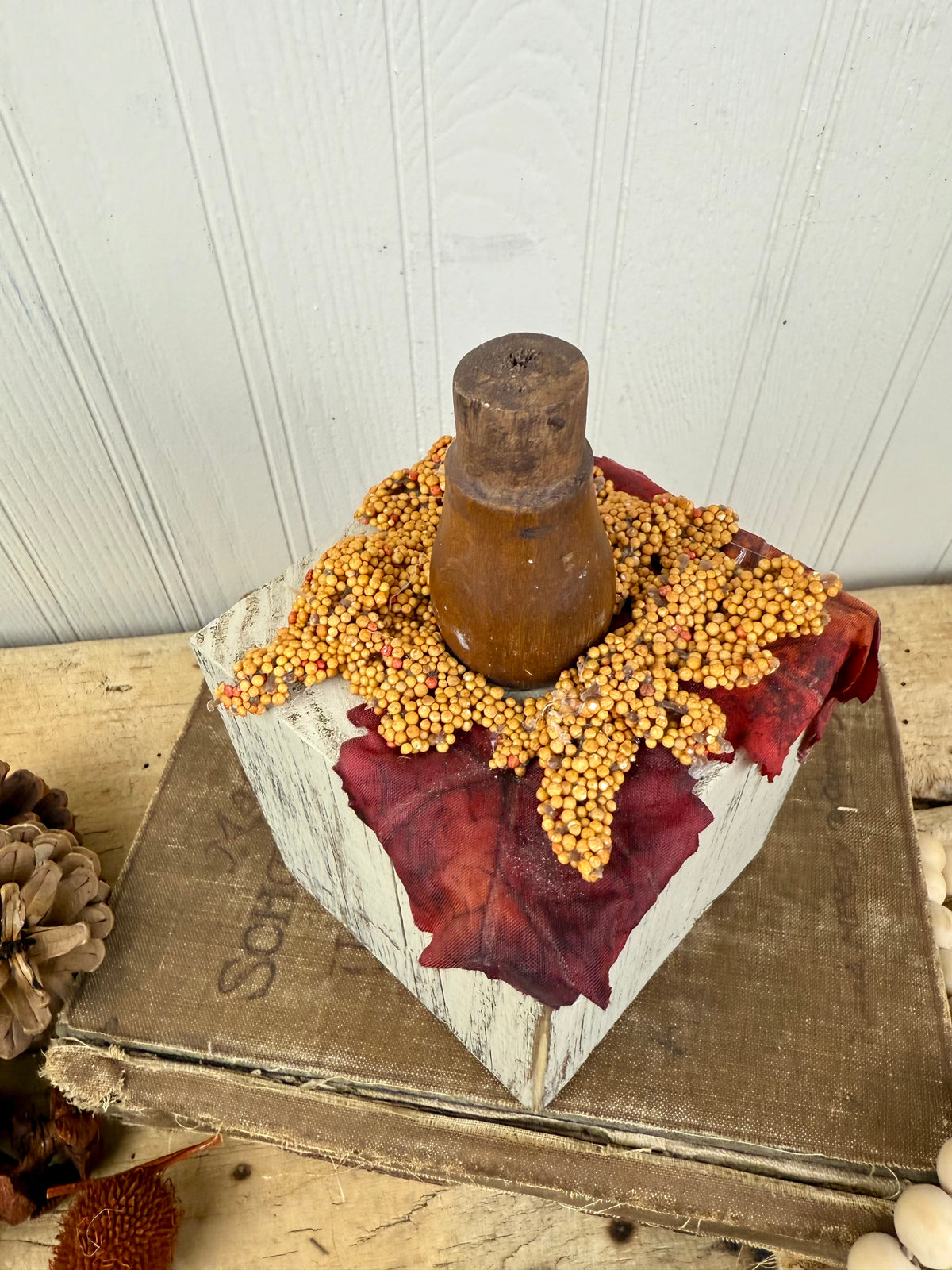 Handmade Block Beige Pumpkin with Spindle Stem