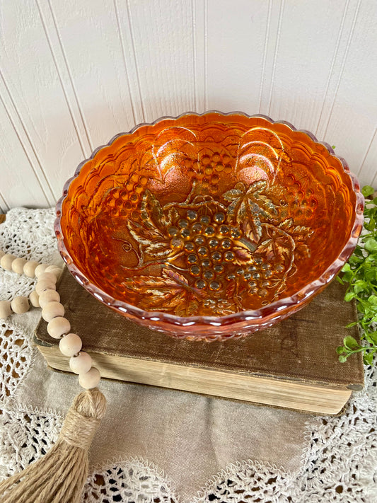 Vintage Imperial Marigold Carnival Glass Bowl with Grape Pattern