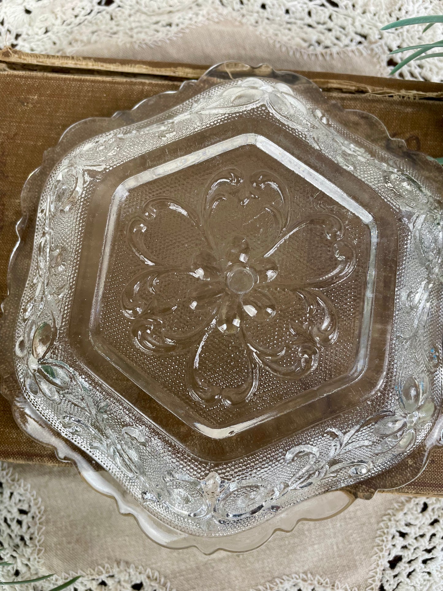 Vintage Indiana Glass Scalloped Candy Dish with Floral Design