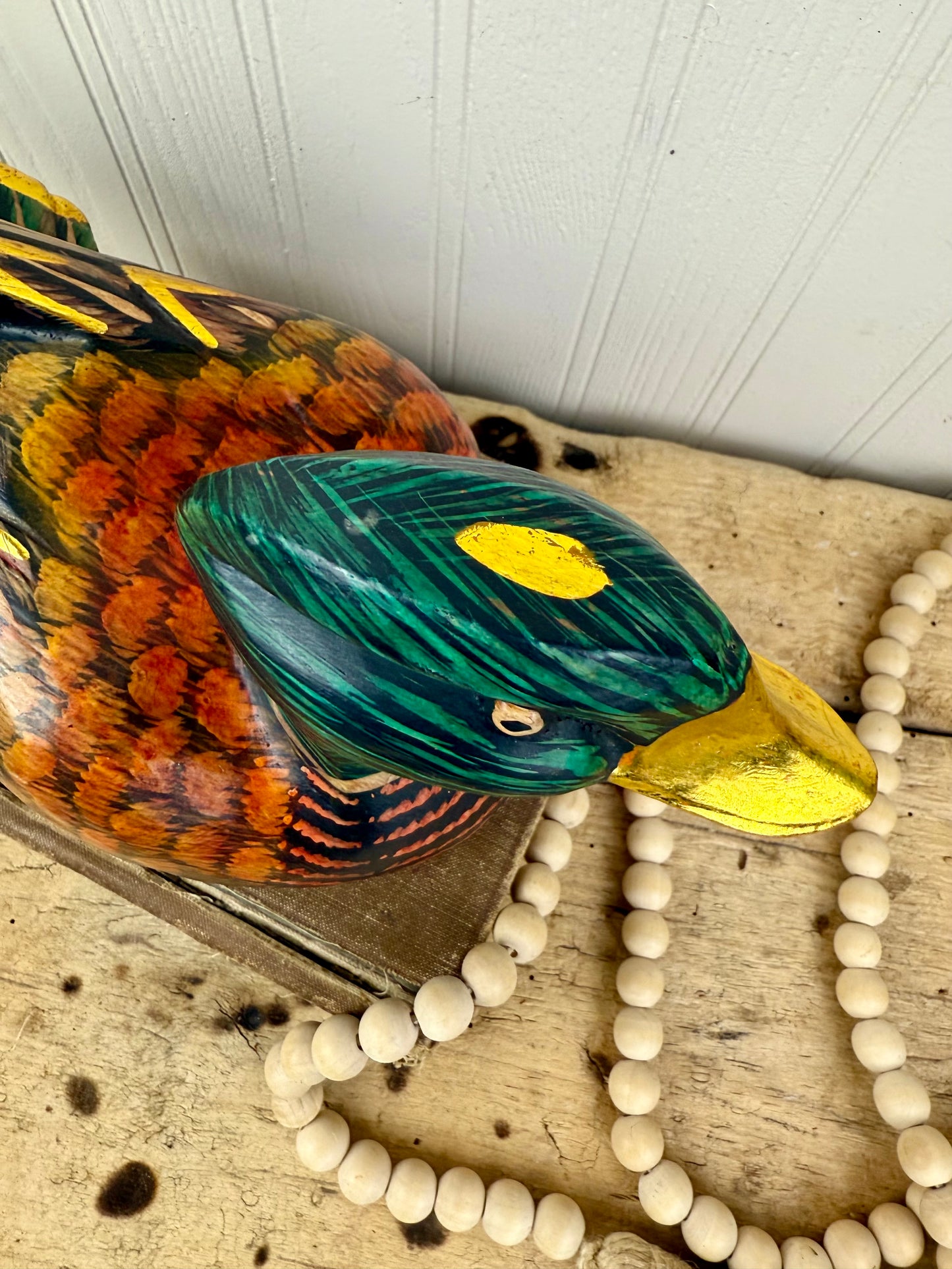 Vintage Hand Carved Wooden Duck with Golden Details