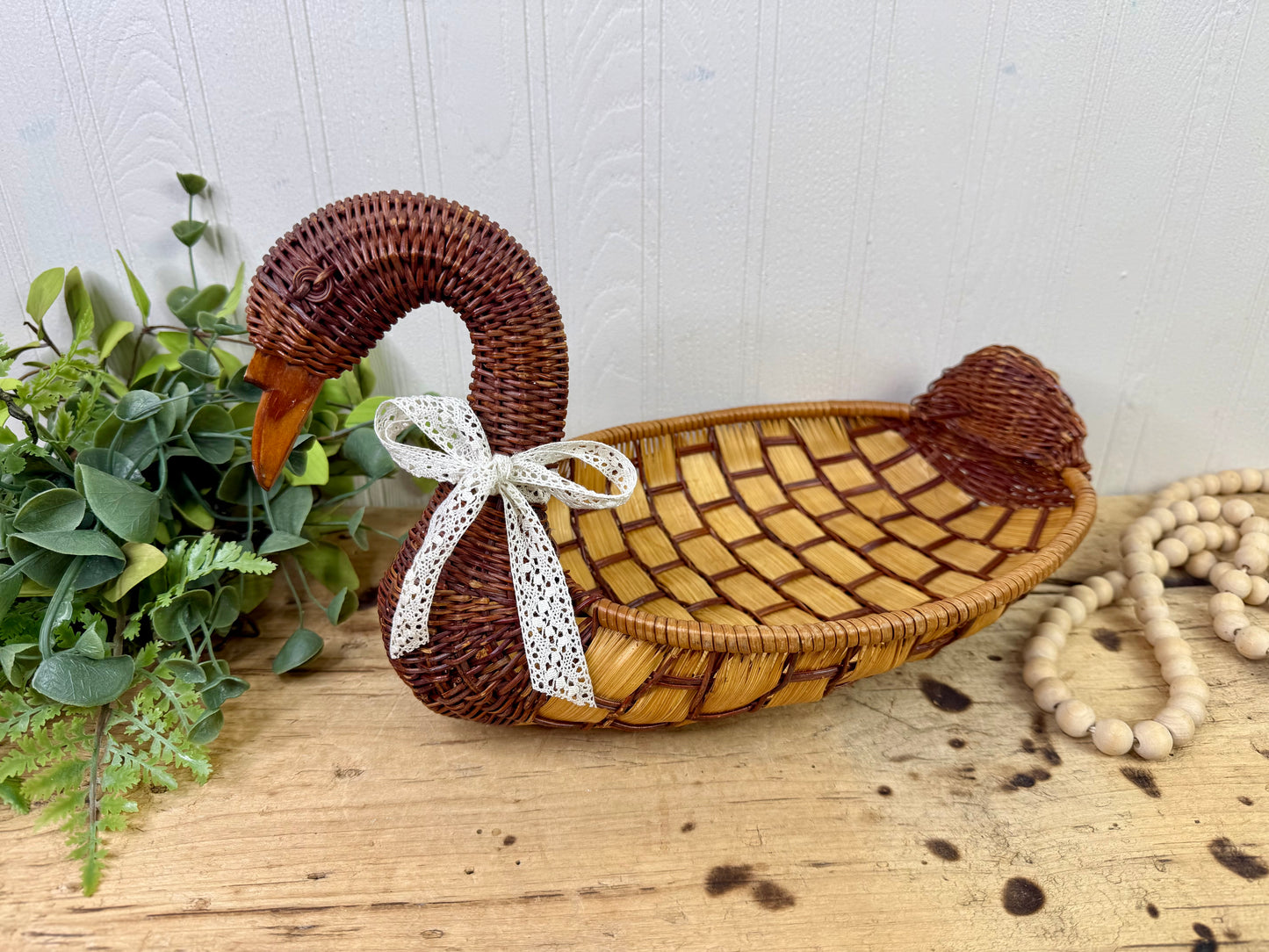 Vintage Wicker Duck Basket with Lace Bow