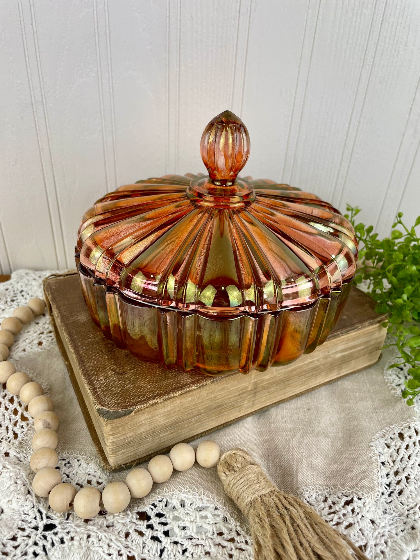 Vintage Marigold Carnival Glass Candy Dish with Lid