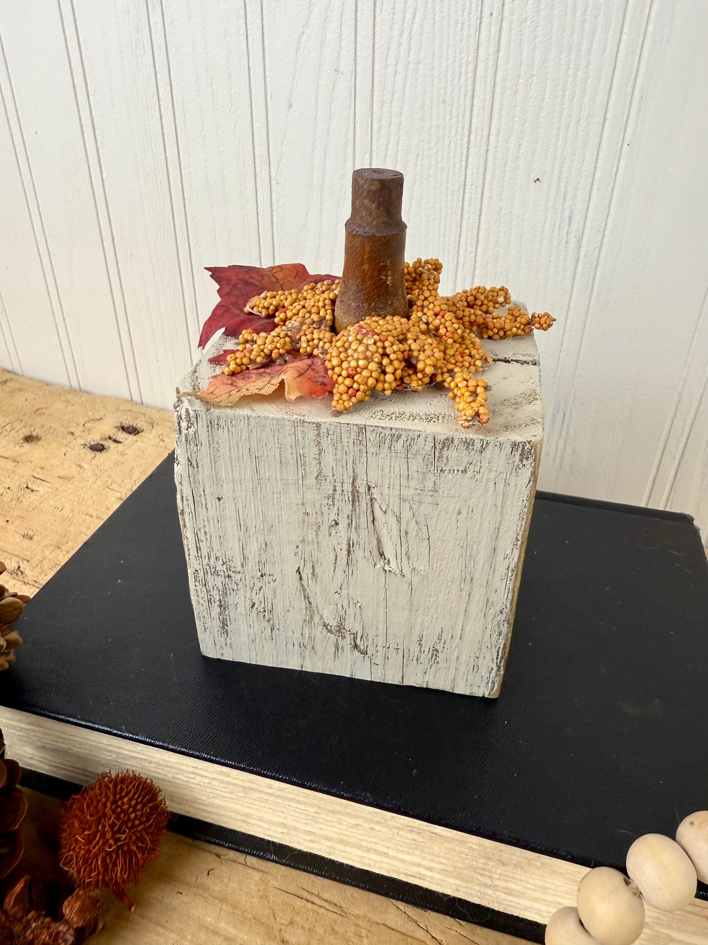Handmade Reclaimed Wood Beige Block Pumpkin