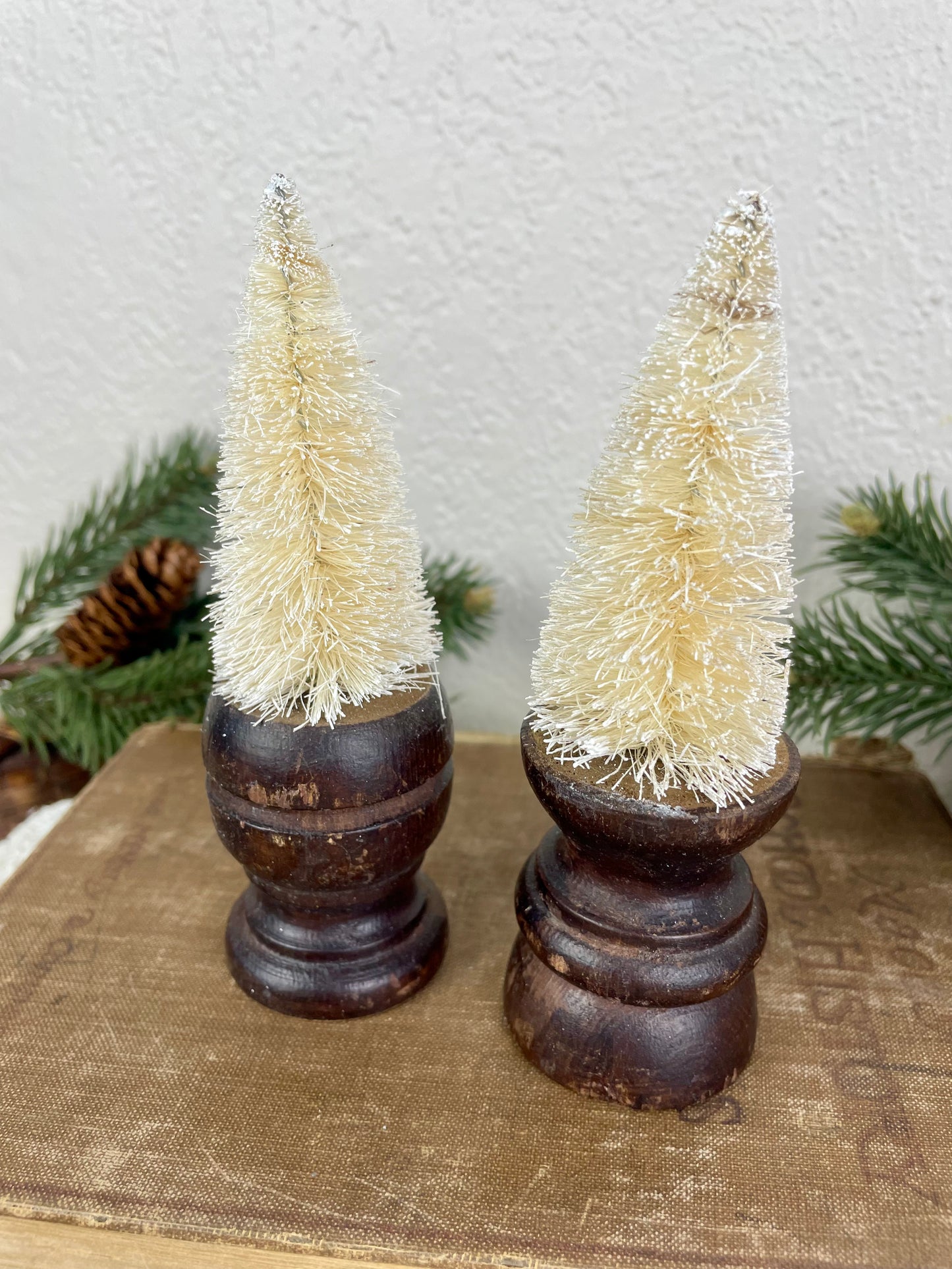 White Bottle Brush Tree Set with Wood Spindle Bases