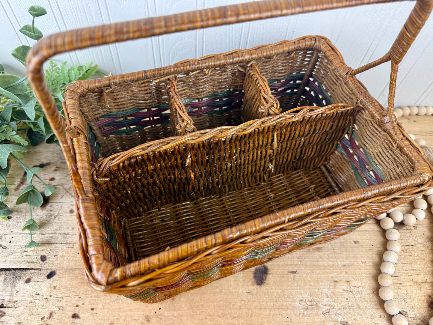 Vintage Divided Wicker Carrying Basket