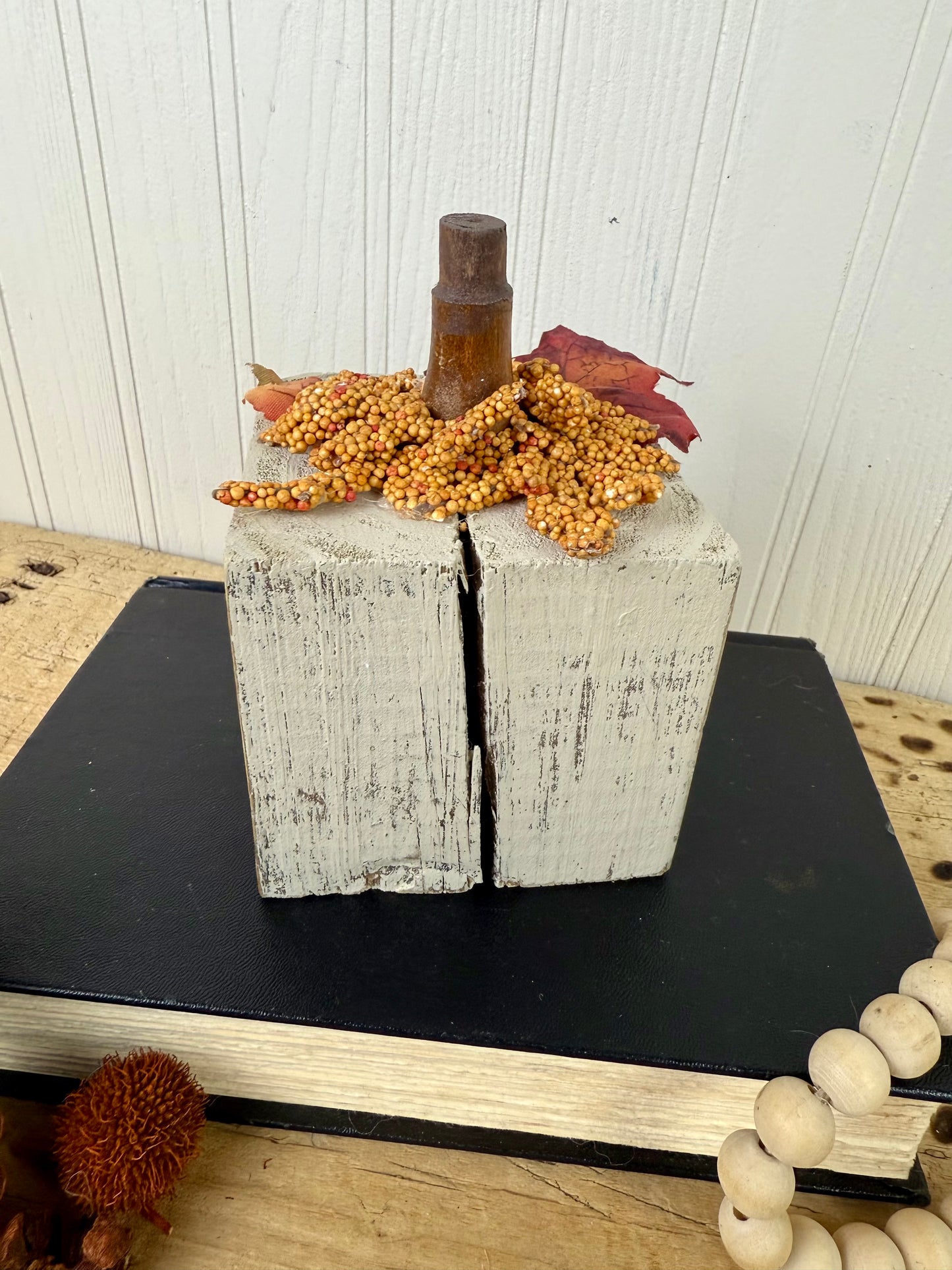 Handmade Reclaimed Wood Beige Block Pumpkin
