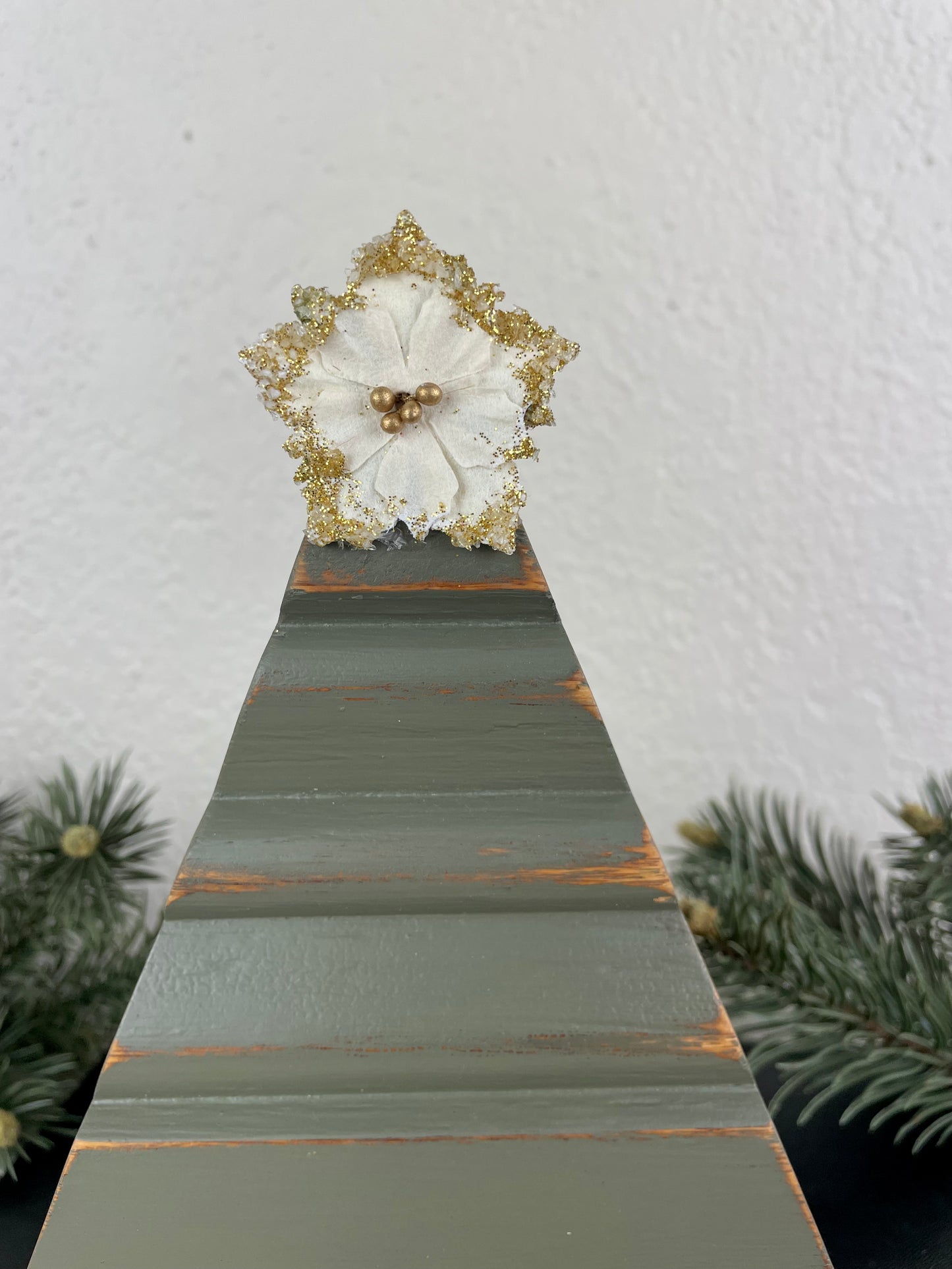 Upcycled Small Vintage Trim Green Christmas Tree with White Poinsettia