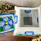 Vintage Plastic Canvas Storage Box with Blue Flowers