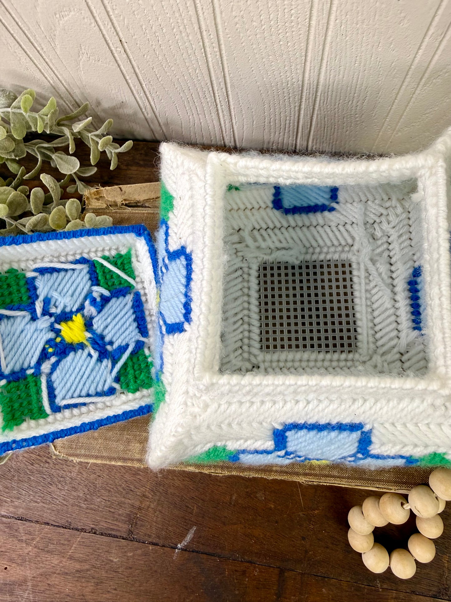 Vintage Plastic Canvas Storage Box with Blue Flowers
