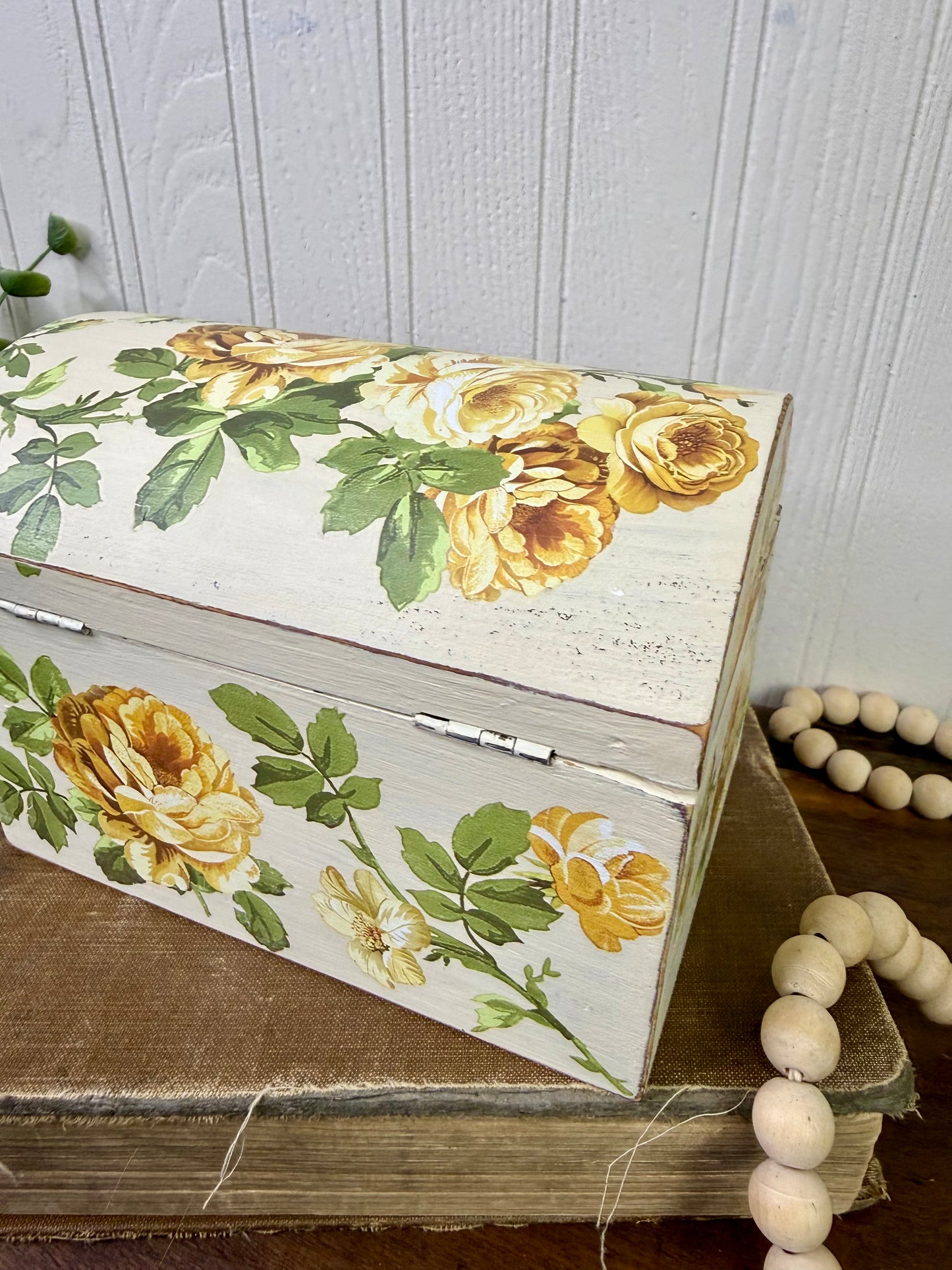 Upcycled Beige Rustic Trinket Box with Yellow Roses